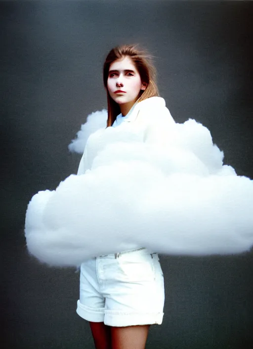 Prompt: realistic photo portrait of the common female student wearing white shorts, dressed in white long fur coat, face is hidden, there is a cloud in the middle 1 9 9 0, life magazine photo