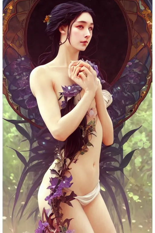 Image similar to a seductive nature goddess with perfect hands and glowing skin in the style of artgerm, wlop, greg rutkowski, alphonse mucha and ayami kojima, realistic details, volumetric lighting, very very very very beautiful symmetrical face, trending on artstation, artstationhd, artstationhq, unreal engine, 4 k, 8 k