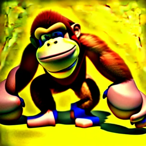 Image similar to Donkey Kong slipping on a banana, 3D render