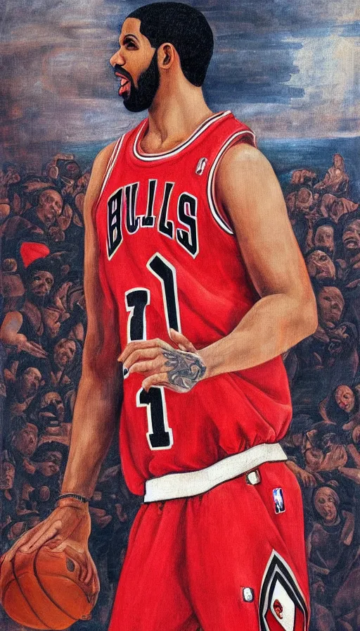 Prompt: drake wearing a chicago bulls jersey by botticelli, brown skin, classical painting, digital painting, romantic, vivid color, oil painting