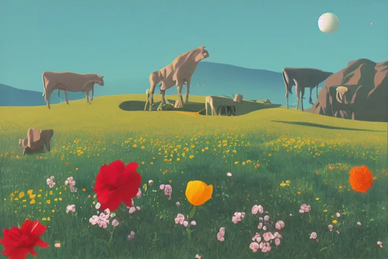 Image similar to giant retro - robot, cows, blooming hills with spring flowers and pillars by helen lundeberg