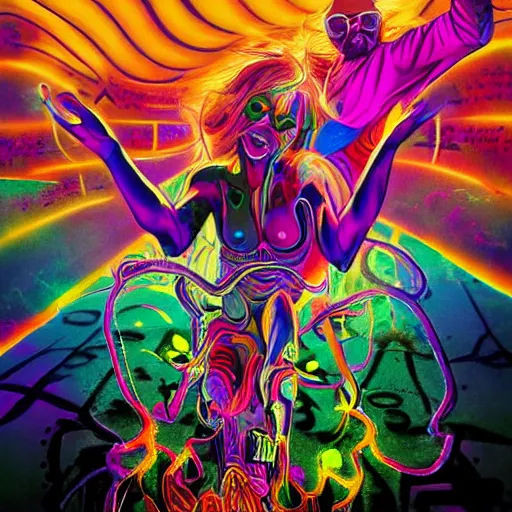 Prompt: psychedelic but muted colors, demon painting, rocking out, wearing headphones, huge speakers, dancing, rave, DJ, spinning records, digital art, amazing composition, rule-of-thirds, award-winning, trending on artstation, featured on deviantart