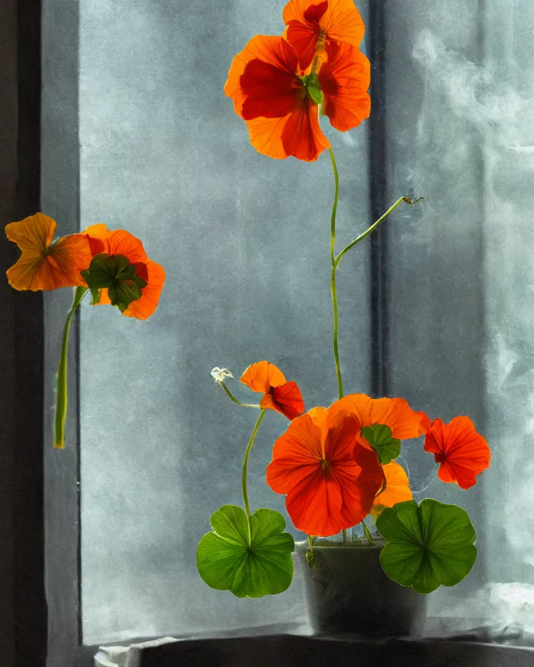 Prompt: photorealistic still life of nasturtium surrounded by blueish smoke with soft light piercing through a side window in a pitch black dark room