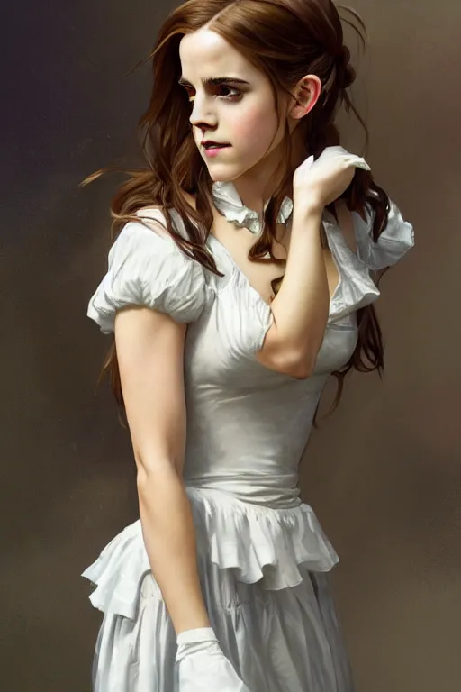 Image similar to A film still of emma watson in cosplay as a french maid, highly detailed, digital painting, artstation, concept art, sharp focus, illustration, cinematic lighting, art by artgerm and greg rutkowski and alphonse mucha diffuse lighting, fantasy, intricate, elegant, highly detailed, lifelike, photorealistic, digital painting, artstation, illustration, concept art, smooth, sharp focus, art by John Collier and Albert Aublet and Krenz Cushart and Artem Demura and Alphonse Mucha