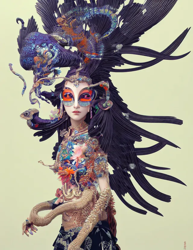 Image similar to 3 d goddess close - up 3 / 4 portrait with ram skull. beautiful intricately detailed japanese crow kitsune mask and clasical japanese kimono. betta fish, jellyfish phoenix, bio luminescent, plasma, ice, water, wind, creature, artwork by tooth wu and wlop and beeple and greg rutkowski