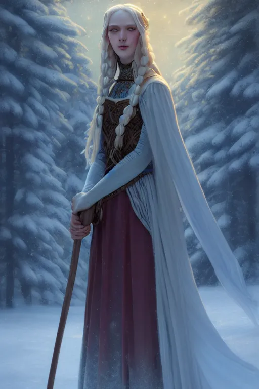 Image similar to nostalgia for a fairytale, nordic, ice, medieval maiden, long hair, tall and thin, illustration, dramatic lighting, soft details, painting, art nouveau, octane render, 8 k, hd, by edmund blair leighton, brom, charlie bowater, faces by otto schmidt