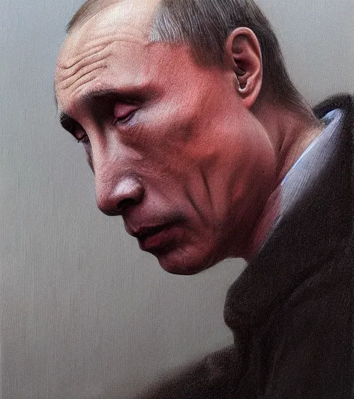 Prompt: Portrait painting of Vladimir Putin crying and suffering in a style of Beksinski.