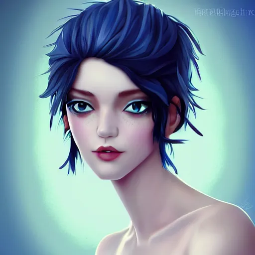 Image similar to pale girl with striking blue eyes and curly short black hair, digital art, trending on artstation