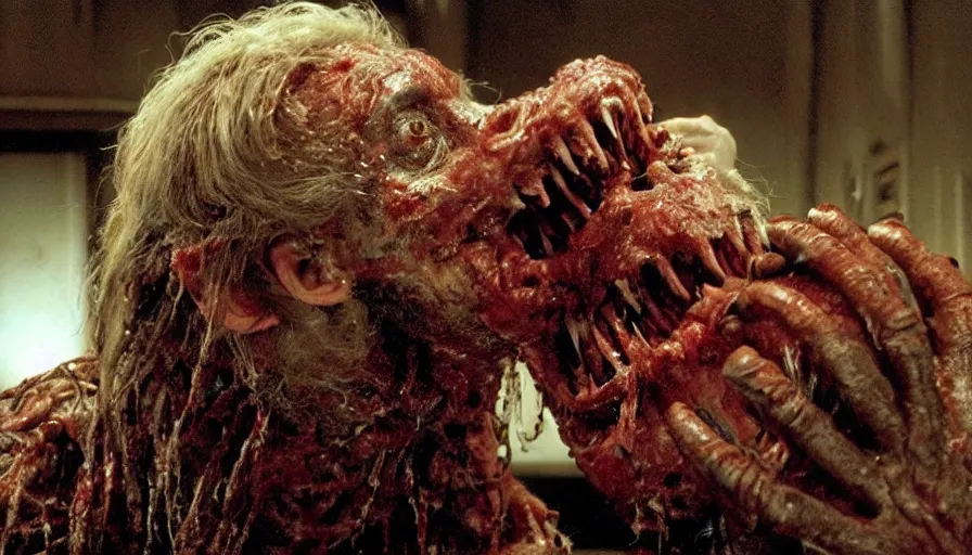 Image similar to a demonic vile disturbing disgusting horror visceral monster eating a man, from the thing, david cronenberg, tom savini, greg nicotero