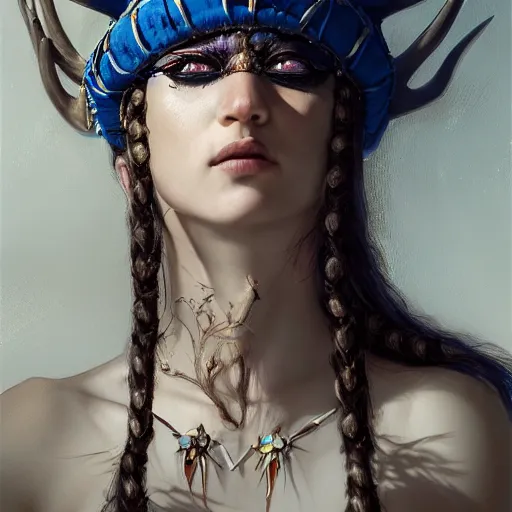 Image similar to A young female shaman, blue hair and antlers on her head. blindfolded, heilung, in the style of Heather Theurer, headshot photoshoot, insanely detailed and intricate, beautiful, elegant, cinematic toplight, portrait, headroom, artstation, karol bak