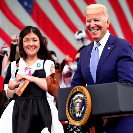 Image similar to joe biden smiling while wearing a maid costume