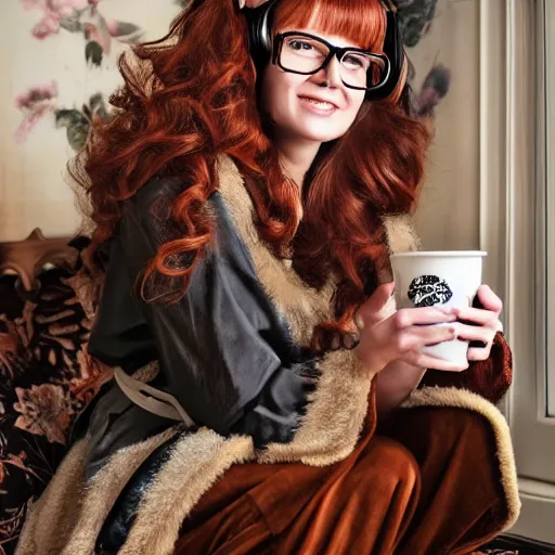 Image similar to a stunning hyper-detailed closeup portrait photo of a beautiful smiling bespectacled woman with long auburn hair and bangs, wearing a luxurious robe, wearing steampunk headphones and posing with her raccoons and parrots in an overstuffed easy chair in her sunlit living room, holding a coffee cup and a donut and smoking an elaborate hookah, perfect eyes, octane render, unreal engine, 85 mm lens,