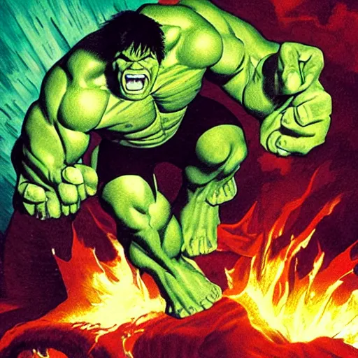 Image similar to The hulk in hell fighting Satan 4K detail