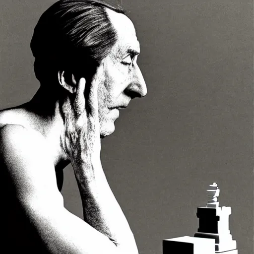 Image similar to a minimalist portrait of Marcel Duchamp holding computer cabled and chess piece in the style of Annie Leibovitz, Irving Penn, Hito Steyerl, Akira Kurosawa, Shinya Tsukamoto, wide angle, monochrome, futuristic tetsuo