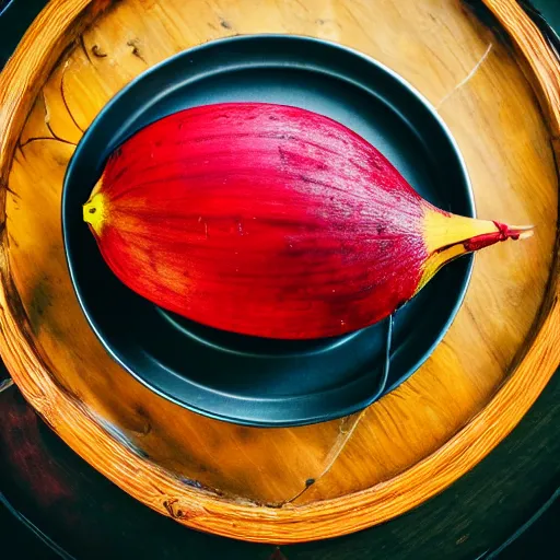 Prompt: photographic image of a red banana, on top of a yellow book, on top of a dining table, detailed, HD, cinematic