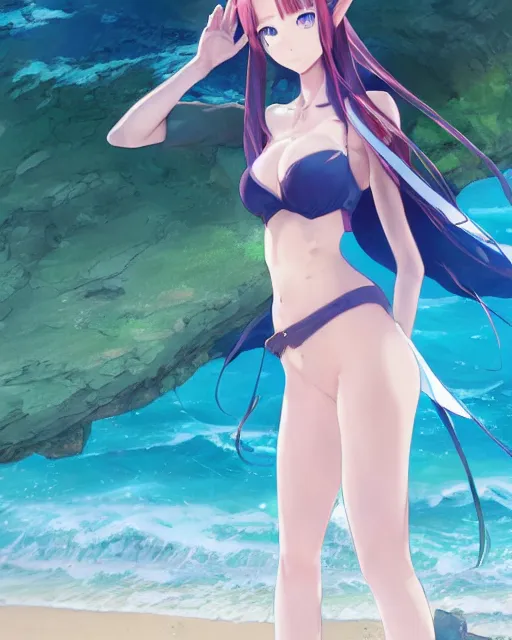 Image similar to an attractive young female elf standing on the beach on the ground front facing, looking at camera, blue water, anime. By Makoto Shinkai, Stanley Artgerm Lau, WLOP, Rossdraws, James Jean, Andrei Riabovitchev, Marc Simonetti, krenz cushart, Sakimichan, trending on ArtStation, digital art.