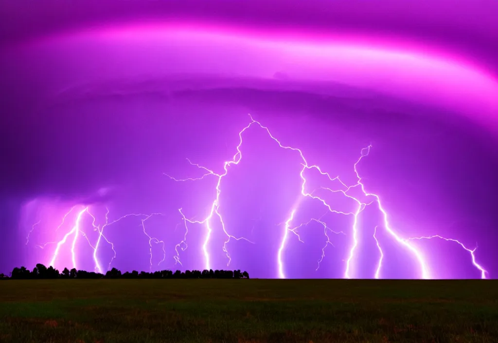 Prompt: purple color lighting storm a tornado on the ground