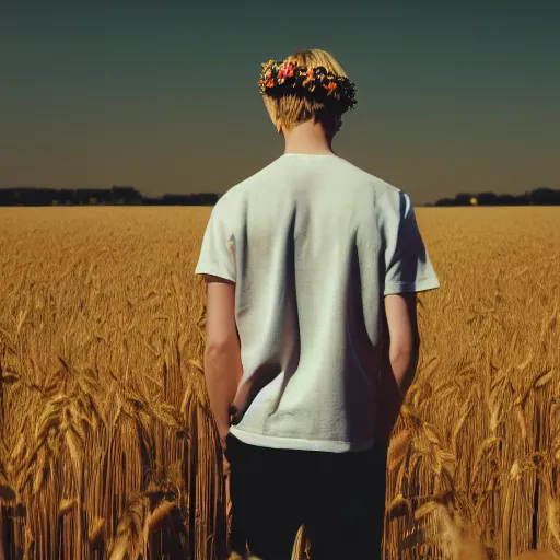 Image similar to kodak portra 4 0 0 photograph of a skinny blonde guy standing in a field of wheat, flower crown, back view, golden ratio, light leak, grain, moody lighting, telephoto, 9 0 s vibe, blurry background, vaporwave colors!, faded!,