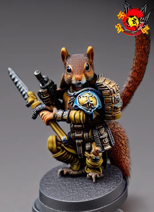 Image similar to 8 0 mm resin detailed miniature of a warhammer 4 0 k anthropomorphized squirrel warrior, product introduction photos, 4 k, full body,