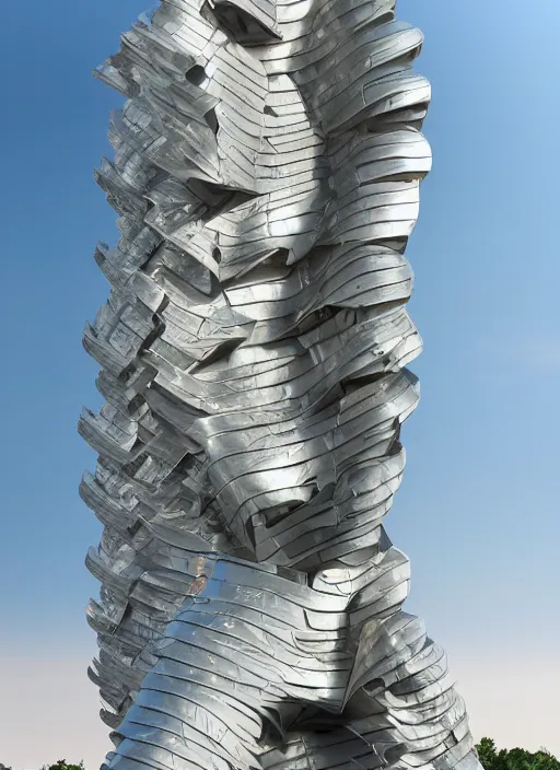 Prompt: highly detailed realistic architecture 3 d render of a futurisctic stele monument in frank gehry style made from atoms standing near a highway, archdaily, made in unreal engine 4 octane render