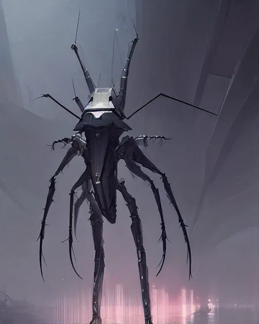 Image similar to concept art for a tall bug futursitc knight, designed to appear like an insect, sleek design, futursitic design, detailed digital illustration by greg rutkowski, android netrunner