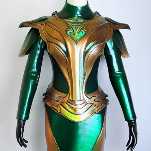 Prompt: iridescent, green mother of pearl and malachite art nouveau style full body female mail armor
