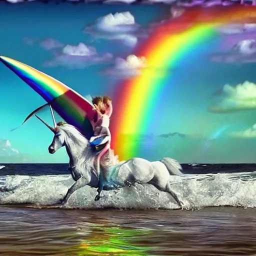 Image similar to unicorn surfing on rainbows, cinematic