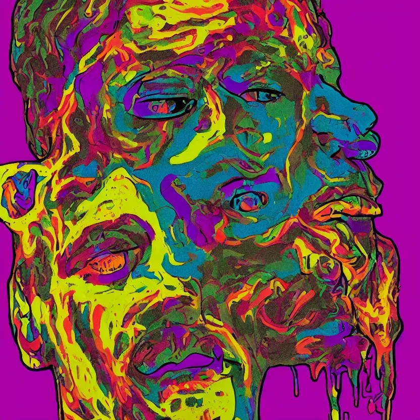 Image similar to man with a tab of acid on his tounge, digital art by mad dog jones