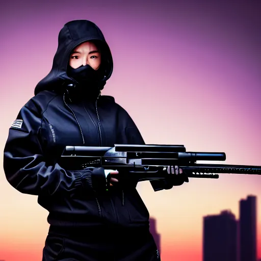 Image similar to photographic portrait of a techwear woman holding a shotgun, closeup, on the rooftop of a futuristic city at night, sigma 85mm f/1.4, 4k, depth of field, high resolution, full color, Die Hard, movies with guns, movie firearms