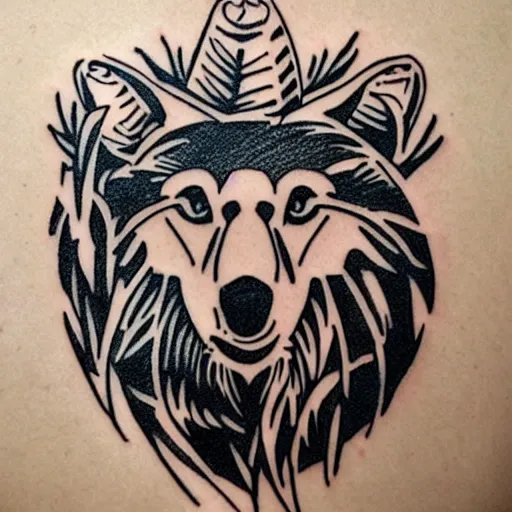 Prompt: tattoo design, stencil, bear, wreath surrounding wolf