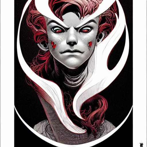 Image similar to portrait top light, by killian eng and joe fenton and martin deschambault and conrad roset, inspired by victorian gargoyle vertigo dc comics, red and grey only, etching, fine, sharp high detail,