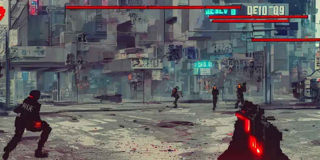 Prompt: 1988 Video Game Screenshot, Anime Neo-tokyo Cyborg bank robbers vs police, Set in Cyberpunk Bank Lobby, bags of money, Multiplayer set-piece :9, Police officers hit by bullets, Police Calling for back up, Bullet Holes and Blood Splatter, :6 ,Hostages, Smoke Grenades, Riot Shields, Large Caliber Sniper Fire, Chaos, Cyberpunk, Money, Anime Bullet VFX, Machine Gun Fire, Violent Gun Action, Shootout, Escape From Tarkov, Intruder, Payday 2, 8k :4 by Katsuhiro Otomo + Sanaril : 8