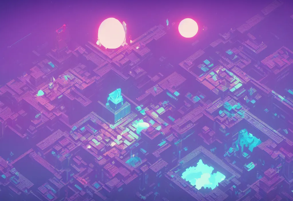 Image similar to isometric magicavoxel bloodborne no mans sky, vaporwave, cinematic lighting, 4 k