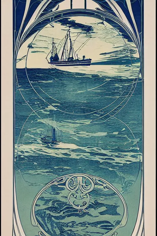 Image similar to Beautiful Art Nouveau print of a ship crossing the vast ocean