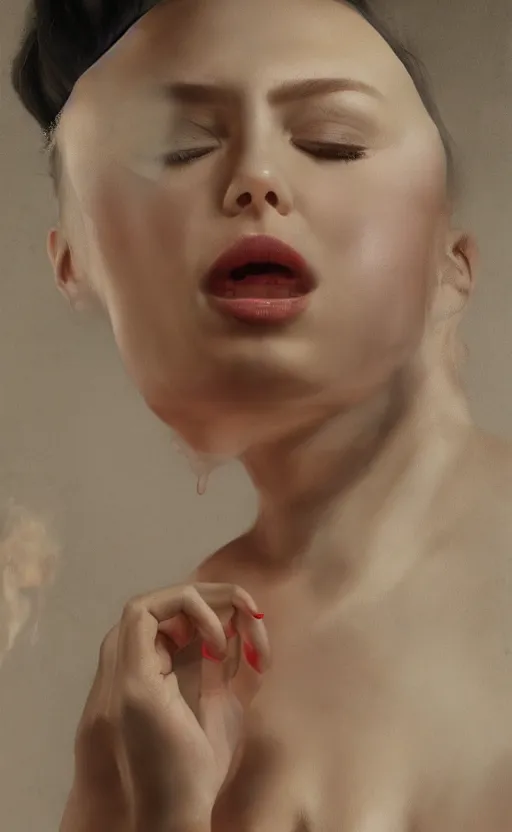 Prompt: portrait of a girl, in a silk robe, honey dripping down her top to bottom, petrolium erupting out of her mouth, hyperrealistic, hightech