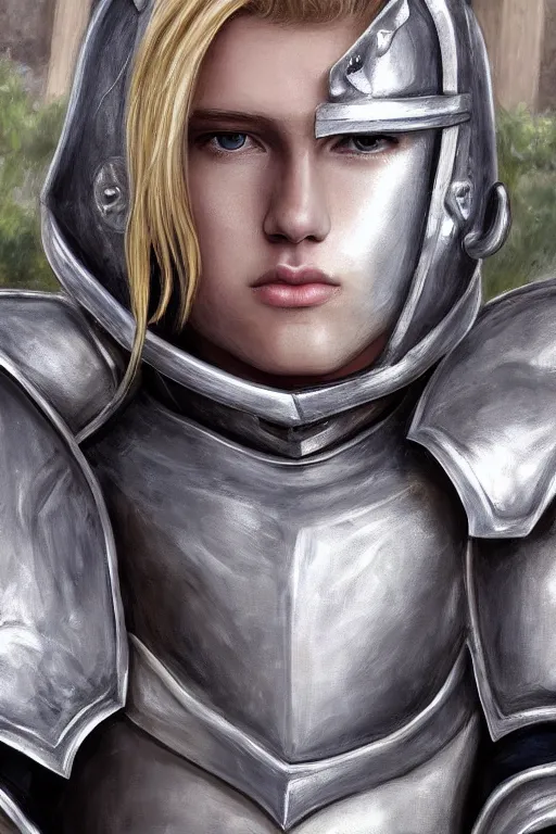 Image similar to a blonde male teenager wearing a silver plate armor, digital painting, digital art, oil painting, masterpiece, realistic and detailed face, profile picture, realistic, highly detailed, high quality, symmetrical, low contrast, trending on deviantart, soft colors, soft lighting, face portrait, beautiful, elegant, castle in the background, bokeh, oil painting