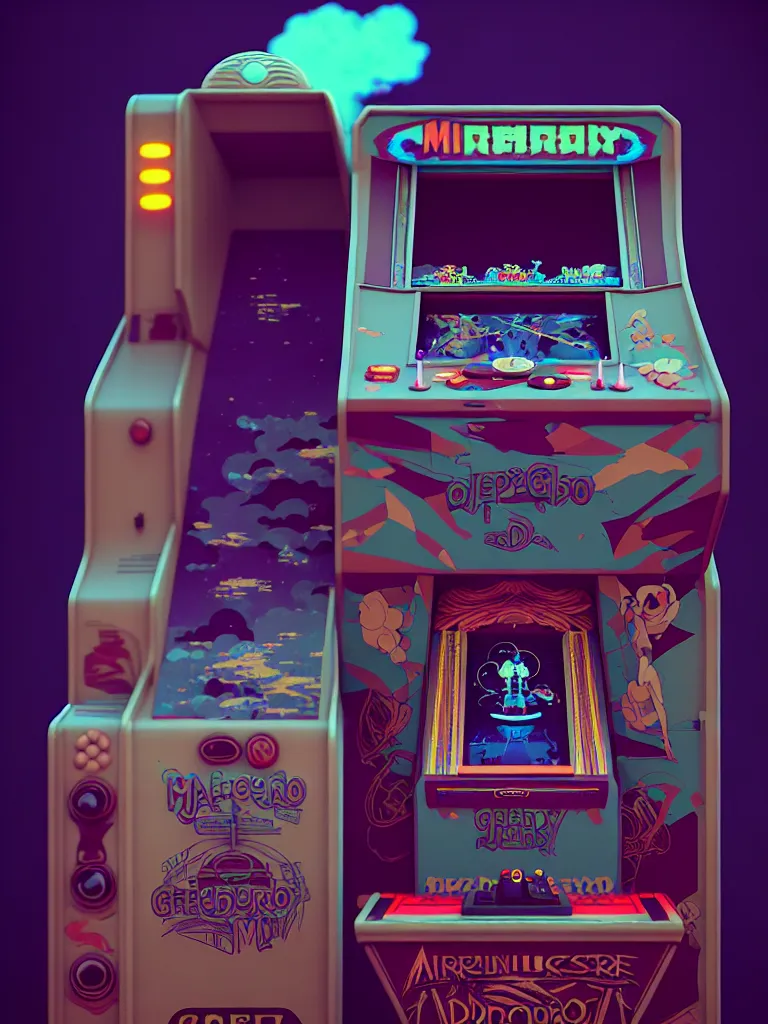 Image similar to retro arcade cabinet, moody::alejandro jodorowsky, studio ghibli, beeple and James Gilleard and Justin Gerard :: ornate, dynamic, particulate, intricate, elegant, highly detailed, centered, artstation, smooth, sharp focus, octane render, 3d