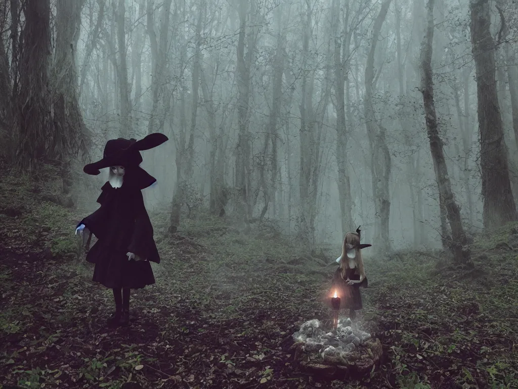 Image similar to cute gothic fumo plush witch girl ventures deep into the forbidden forest, malevolent glowing magical energy, ancient overgrown pagan monument summoning circle, volumetric fog and smoke, the bog of dark abyss, vray