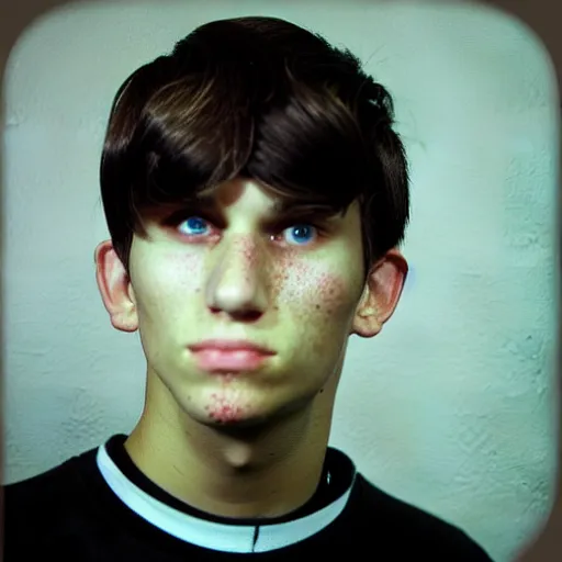 Prompt: A colored colorized real high school photograph portrait of Jerma as a teenager with an emo haircut and black shirt and acne, taken in the mid 2000s, taken on a 2000s Camera, realistic, hyperrealistic, very realistic, very very realistic, highly detailed, very detailed, extremely detailed, detailed, digital art, trending on artstation, headshot and bodyshot, detailed face, very detailed face, very detailed face, real, real world, in real life, realism, HD Quality, 8k resolution, intricate details, colorized photograph, colorized photon, body and headshot, body and head in view