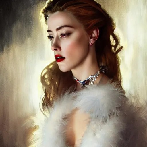 Image similar to hyperrealistic portrait of a woman as amber heard posing to noir moon in a white swan dress wearing sapphire jewellery with long feather collar by jeremy mann and alphonse mucha, fantasy art, photo realistic, dynamic lighting, artstation, poster, volumetric lighting, very detailed faces, 4 k, award winning