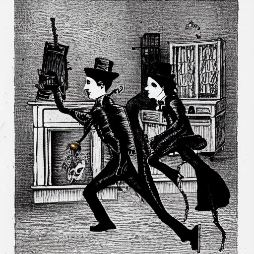 Image similar to a macabre victorian illustration by edward gorey of steampunk ghostbusters chasing ghosts and shooting at ghosts with ray - guns, in buildings or in the streets.