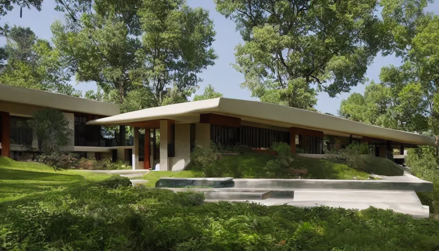 Prompt: modern villa, tibetan inspired architecture, on a green hill between trees, frank lloyd wright, photorealistic,