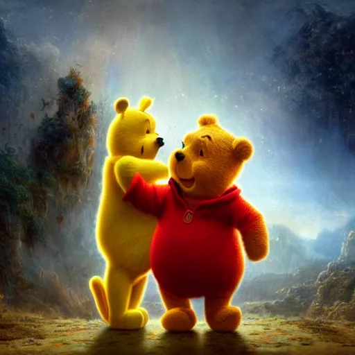 Image similar to xi jinping and winnie the pooh are best friends, cinematic composition, epic dramatic lighting, realistic, hyperdetailed, photorealistic, photograph, epic scale by gaston bussiere