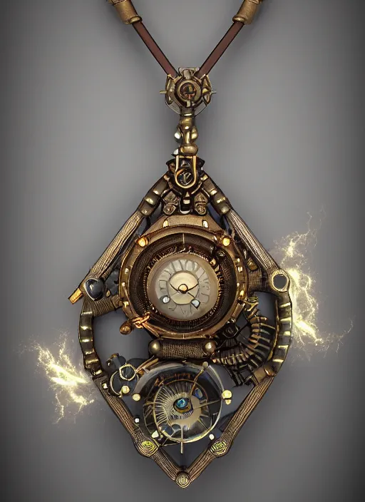 Image similar to amazing steampunk amulet with diamond jewel and small steam tubes, volumetric lightning, octane render, realistic impressive steam, extremely high detailed, trending on artstation