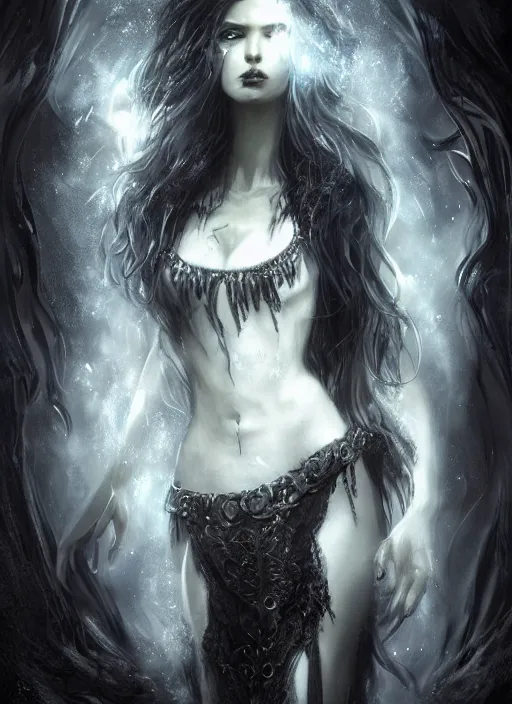 Image similar to 4k HD digital full body portrait, A gothic Luna goddess with long wavy hair made of shimmering-stardust, dark shadows, contrast, concept art, sharp focus, digital art, Hyper-realistic, 4K, Unreal Engine, Highly Detailed, Dramatic Lighting, Beautiful, by bastien lecouffe-deharme