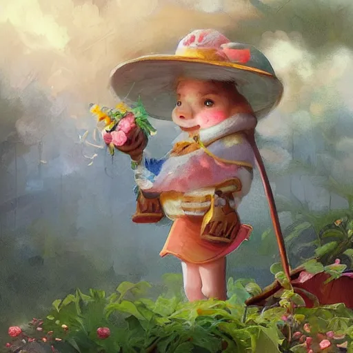 Image similar to cute and adorable little piggy 🐷 doing some gardening wearing a cute hat, highly detailed, digital painting, artstation, concept art, smooth, sharp focus, illustration, art by artgerm and greg rutkowski and alphonse mucha