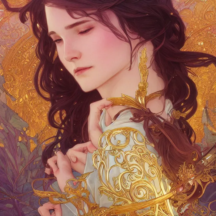 Prompt: iu fantasy novel cover, close up, highly detailed, gold filigree, romantic storybook fantasy, soft cinematic lighting, award, disney concept art watercolor illustration by mandy jurgens and alphonse mucha and alena aenami, pastel color palette, featured on artstation