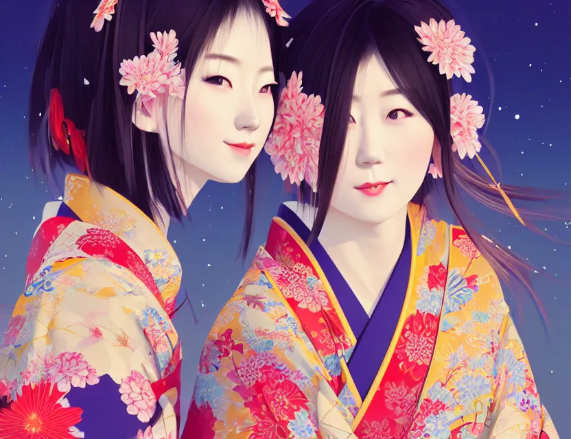 Image similar to two beautiful charming japan girls wear arty kimono in festival | | sunny night, full moon, dreamlike art, realistic shaded, smile, good looking, hyper details, 4 k realistic, cryengine, realistic shaded lighting poster by ilya kuvshinov, fuji choko, ross tran, 8 k resolution, trending on artstation, luxury