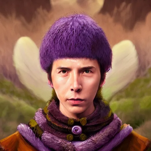 Prompt: A professional digital portrait painting of a D&D druid, painted by Wes Anderson, painted by Hayao Miyazaki, dressed in light armor, 4k, digital art, trending on cgsociety, highly detailed, head and shoulders shot, shallow depth of field, purple and yellow lighting, professional lighting, airbrush,