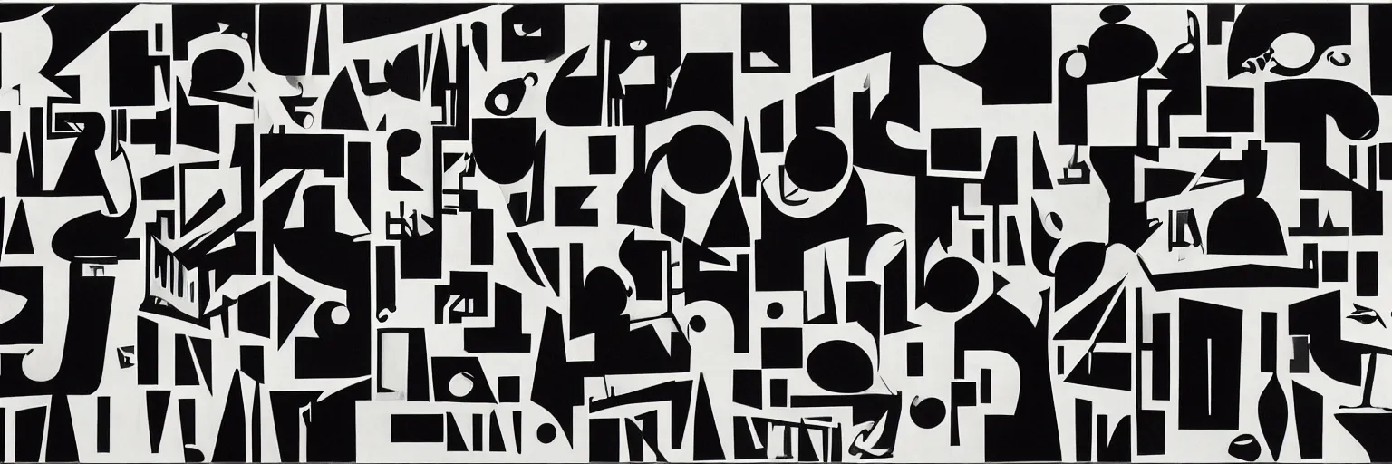 Prompt: visual representation of be - bop jazz music, black and white, abstract, dark, unreal, insightful, philosophical, multiple musical instruments, moma museum,